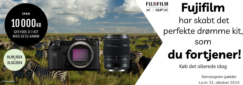 FUJIFILM GFX kit kampagne Spar 10.000 kr. gælder fra 01.09.2024 - 31.10.2024 Fujifilm har skabt det perfekte drømme kit som du fortjener Køb det allerede idag.